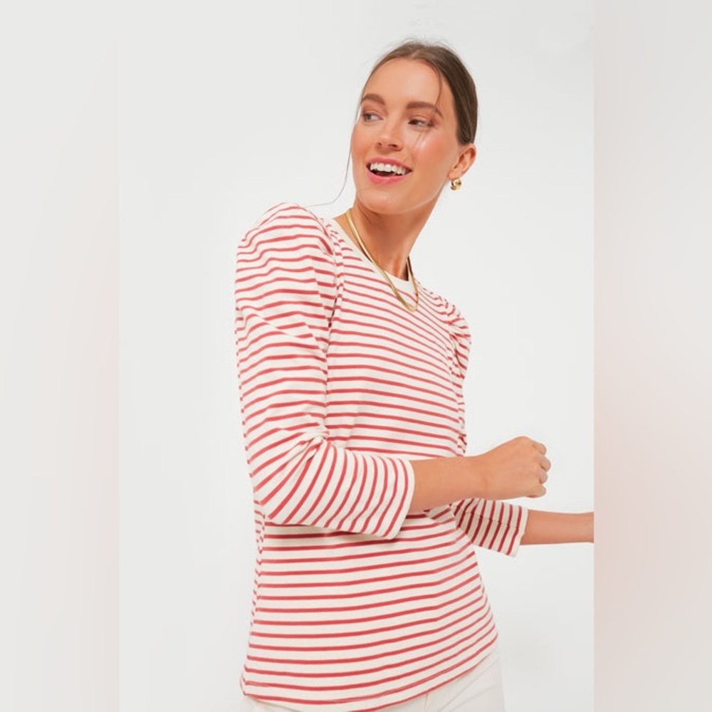 Pomander Place Red and White Striped Puff-Sleeve Top